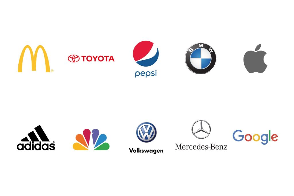 Logos of well-known brands including McDonald's, Toyota, Pepsi, BMW, Apple, Adidas, NBC, Volkswagen, Mercedes-Benz, and Google.