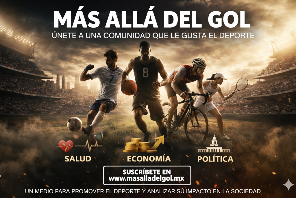 Group of athletes in a packed stadium at sunset: a soccer player, a basketball player, a cyclist, and a tennis player race across a smoky field with dramatic lighting and a bold banner.