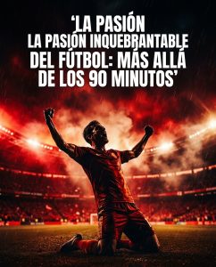Under a blazing stadium sky, a footballer kneels with raised fists beneath the words “La pasión inquebrantable del fútbol: más allá de los 90 minutos”.