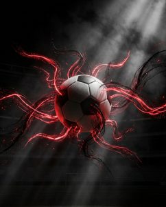 A soccer ball floats in a dark stadium as red light streaks and smoke surround it, creating a dramatic World Cup football atmosphere under spotlights.