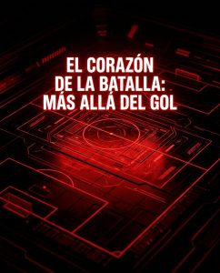 Bold white Spanish text reads "El corazón de la batalla: Más allá del gol" over a red digital football-themed background.