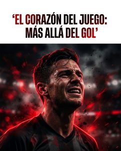 A footballer in a dark jersey looks upward beneath the title "El corazón del juego: Más allá del gol" in red and black text.