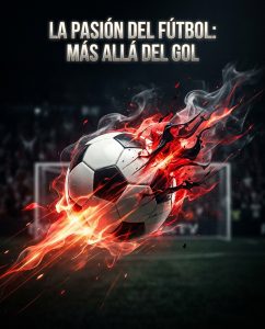 A soccer ball streaks through red flames before a goal, beneath the words “La pasión del fútbol: Más allá del GOL”.