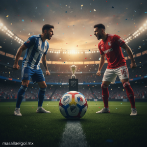 Two soccer players in blue and red kits shout at each other beside a trophy and match ball under stadium lights.