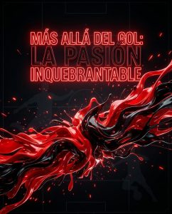 Red and black football design with silhouettes, sparks, and glowing text reading “Más allá del GOL: La pasión inquebrantable.”
