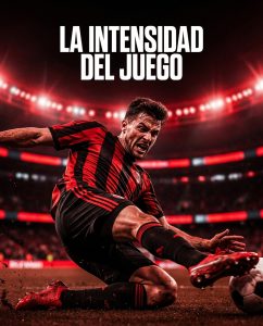A footballer in a red-and-black striped kit strikes the ball beneath the headline “La intensidad del juego” in a stadium.