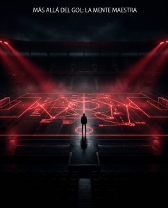 A silhouetted strategist studies glowing red tactical markings across a football stadium beneath “Más allá del GOL: La mente maestra.”